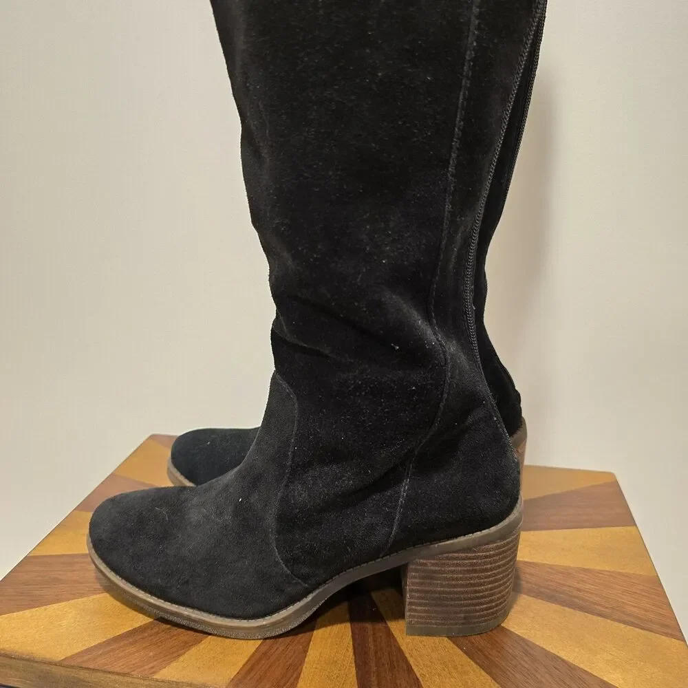 Lucky Brand Rayla Boots Black Suede Over The Knee Heeled 8.5 Womens Western Boho